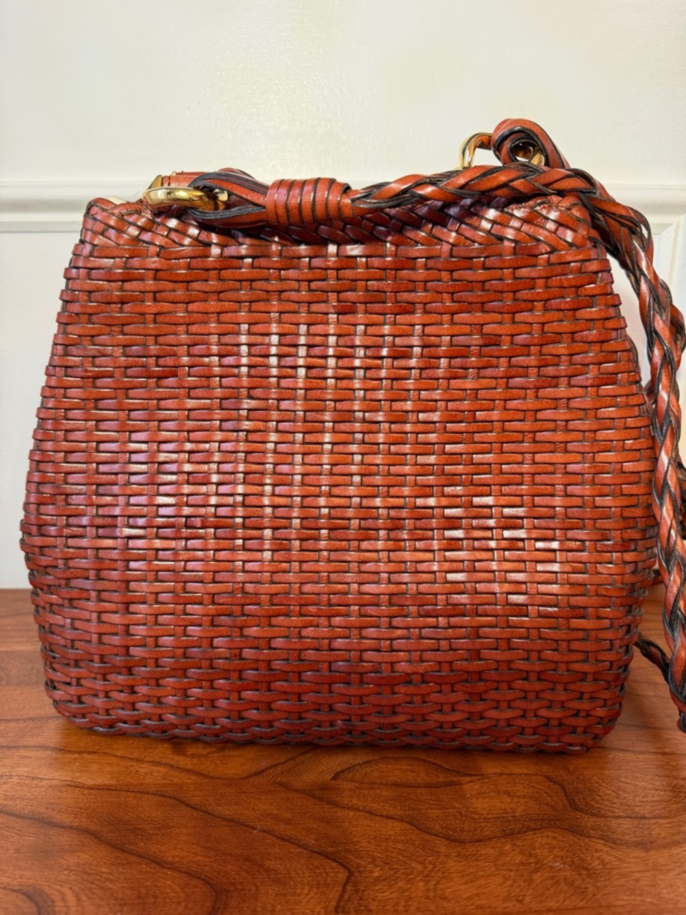 Talbots Woven Leather Crossbody Bag, Rich Brown; Magnetic Close, Braided Straps - Picture 2 of 16